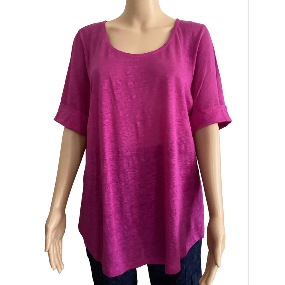 LAUREN Ralph Lauren Linen Scoop Neck Tee Cuffed Short Sleeve Magenta Pink sz 1X